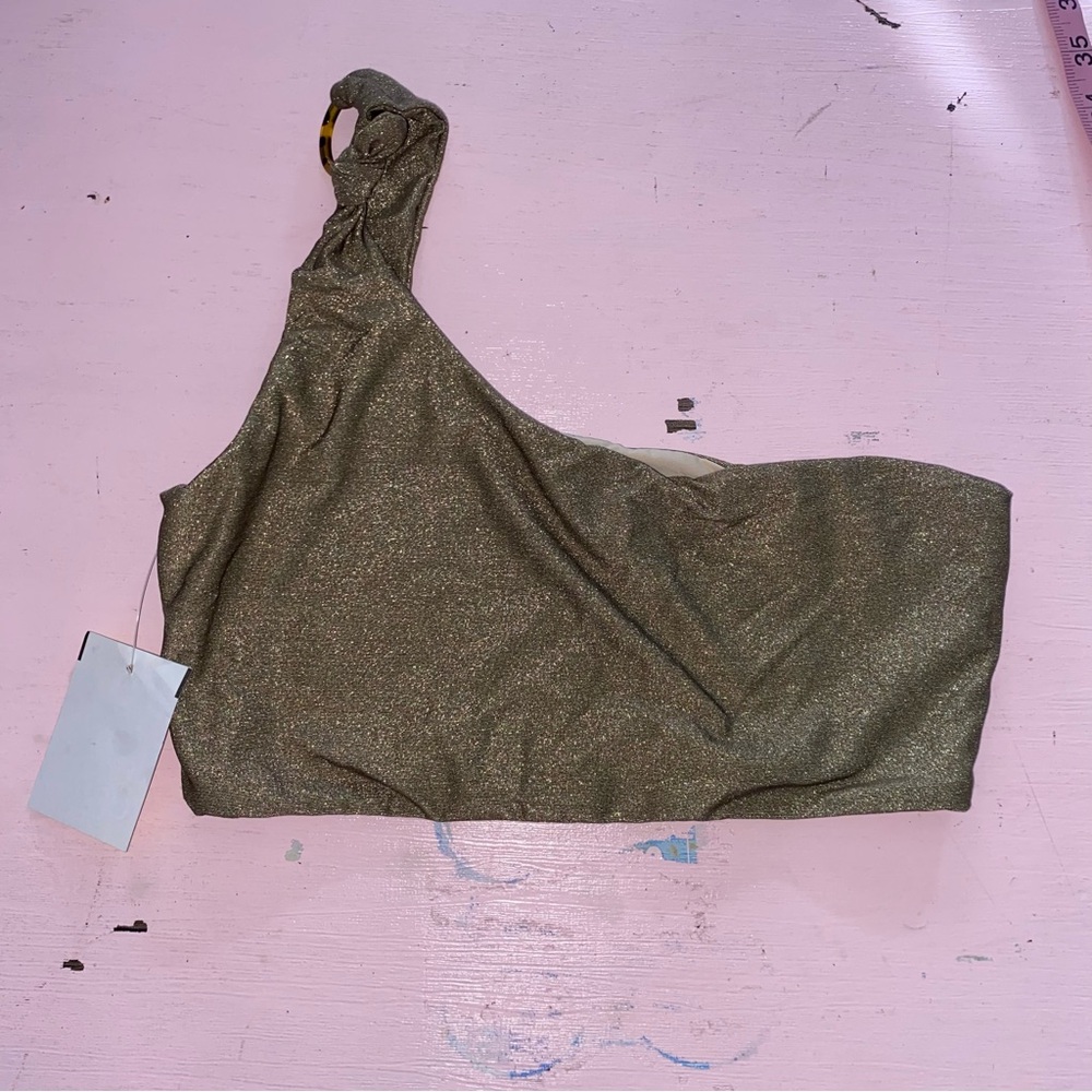 NEW PQ SWIM Euphoria Lux Bikini Top Metallic Gold Shimmer Pilyq One Shoulder S